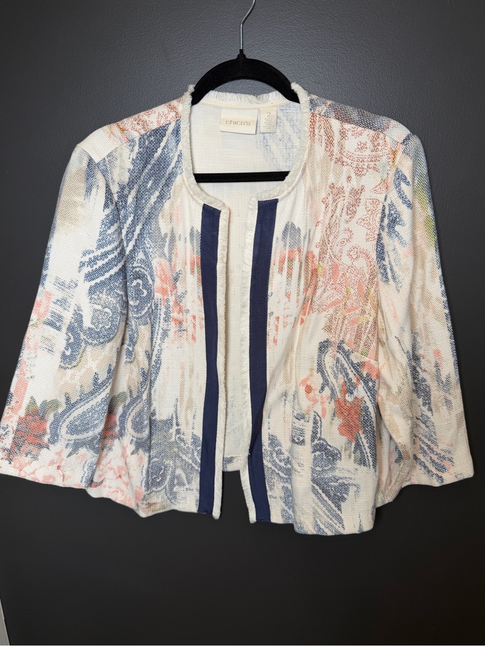Chico’s Size 2 Jacket Art to Wear Textured Boho Print Open Front Blazer